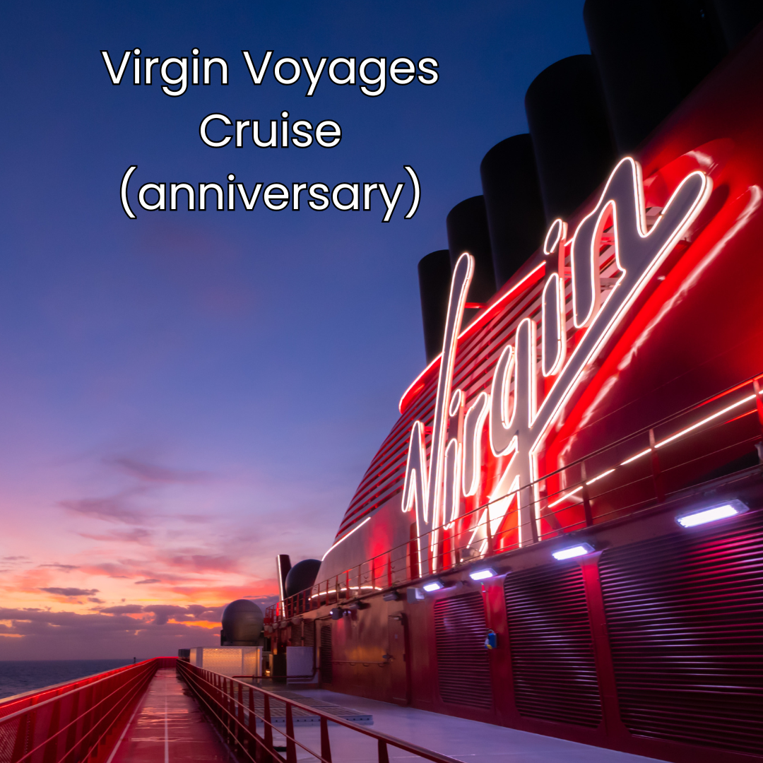 Photo of a Virgin Voyages ship with sunset in the background.