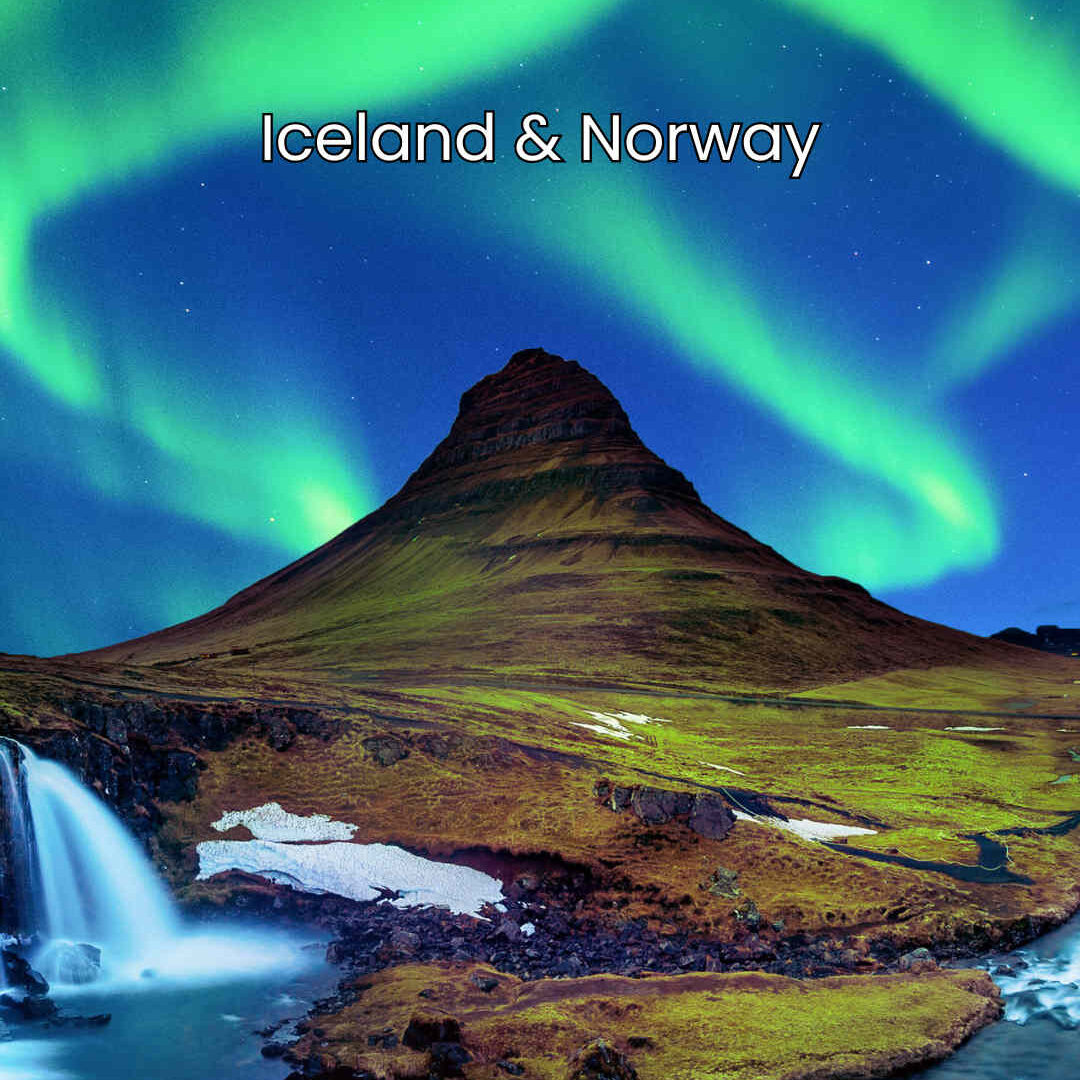 Photo of Icelandic landscape featuring a waterfall, mountain, and aurora borealis above.