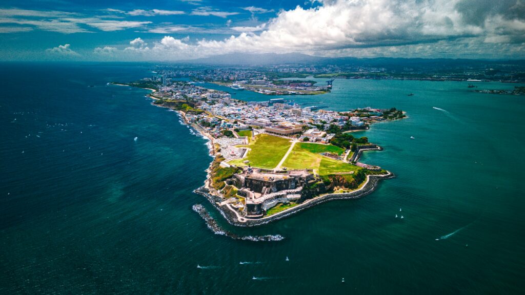 An aerial view of Old San Juan, featuring the fort in the closest section. 