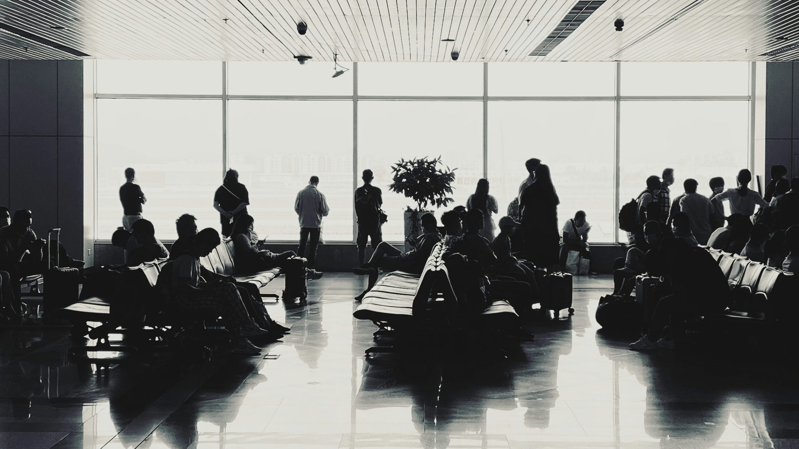 This photo shows a black and white image of silhouettes of people waiting at an airport.